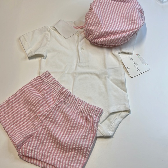 Starting Out 3PC White Collared Onesie, Pink & White Striped Shorts & Hat, NWT! - Picture 2 of 8